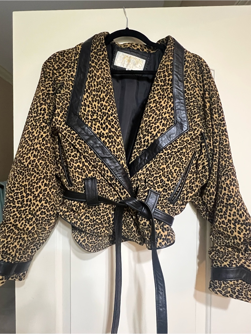 Vintage Leopard Print Leather Trim Wrap Jacket - Brown/Black